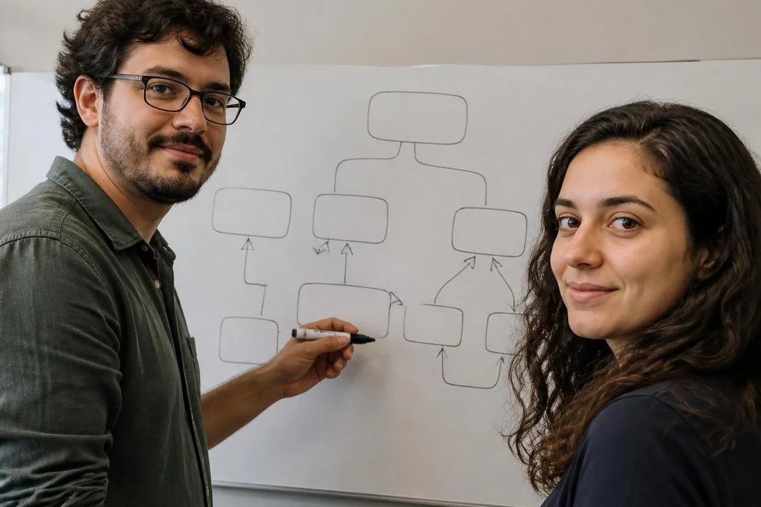 Dois alunos em pé diante do quadro branco, riscando a ordem em que o argumento será apresentado