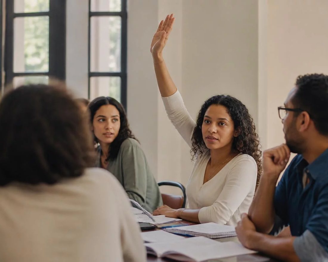 Roda de participantes; um deles repete em voz alta o argumento do colega antes de apresentar a réplica